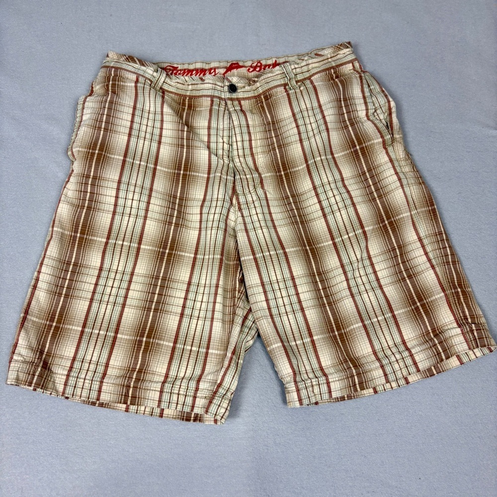 Tommy Bahama Mens 34 Plaid Silk Cotton Shorts Cream Brown Resort Casual EUC